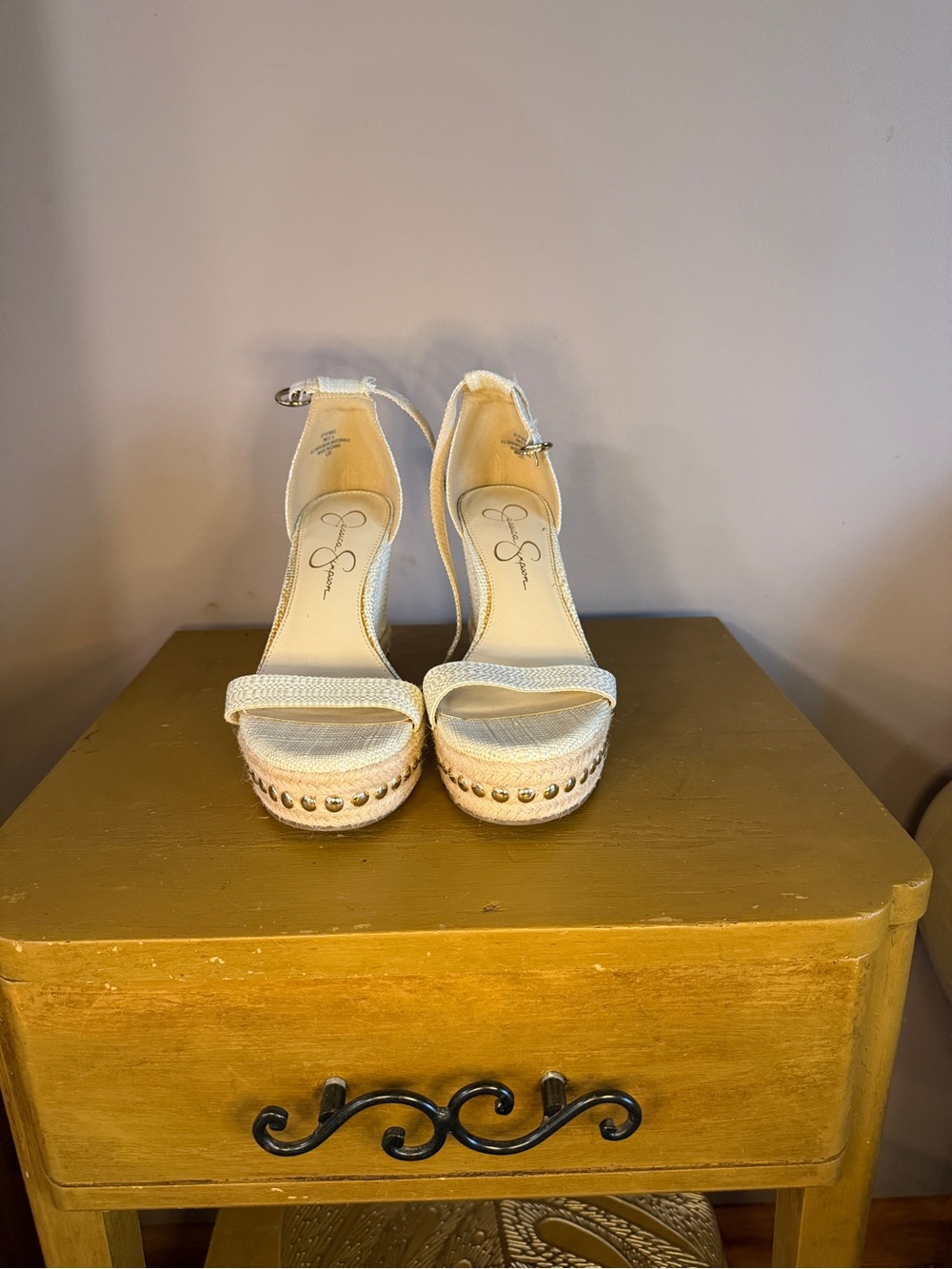 Jessica Simpson Cream Platform Wedge Sandals with Studded Trim